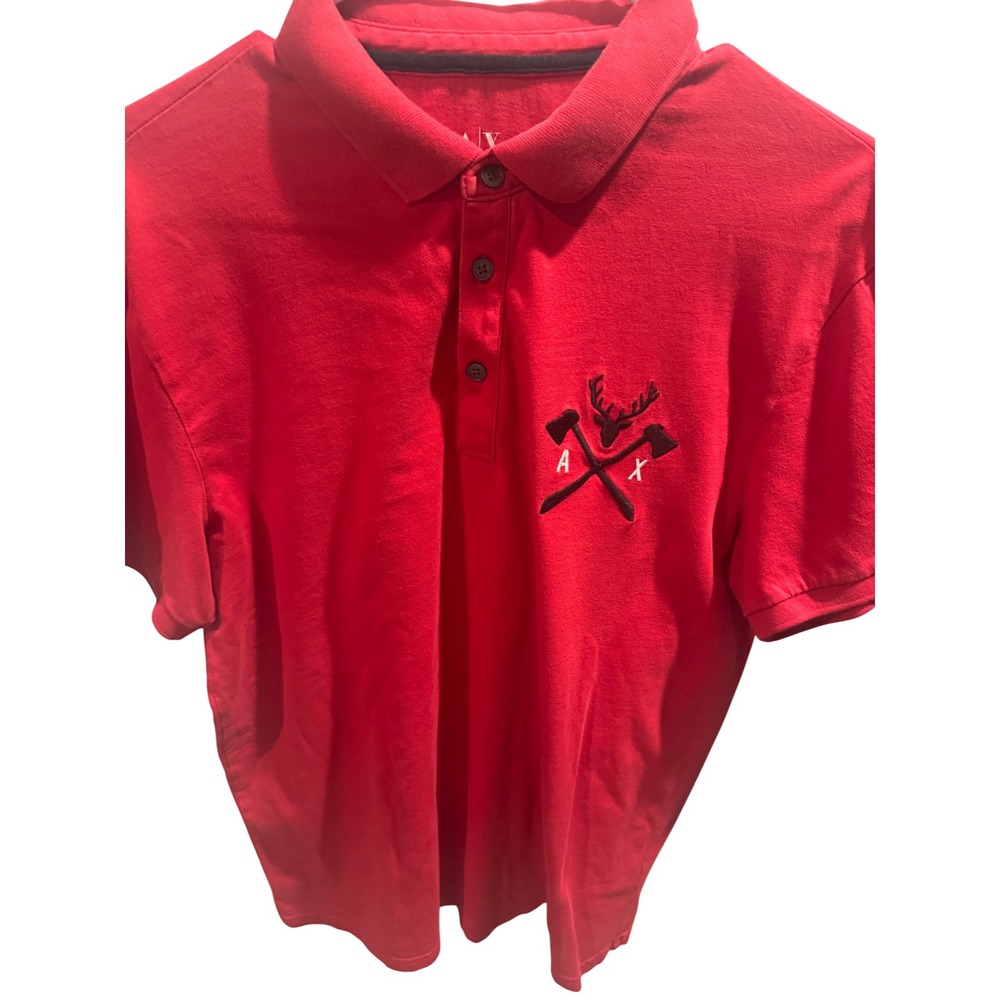 Armani Exchange Mens Red Polo Shirt Embroidered Axe Stag Graphic Logo Large